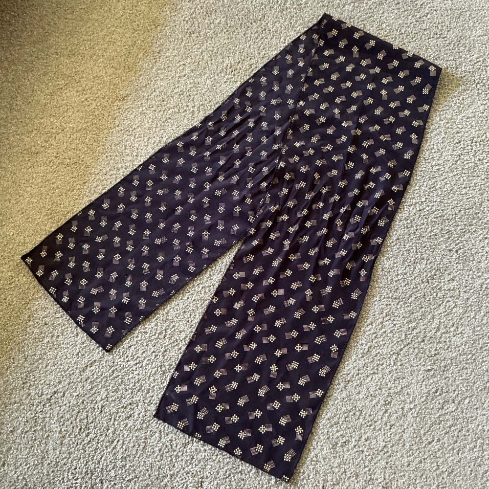 Blue Neck Scarf With Tan Geometric Patterns Squares and Dots - Picture 3 of 5
